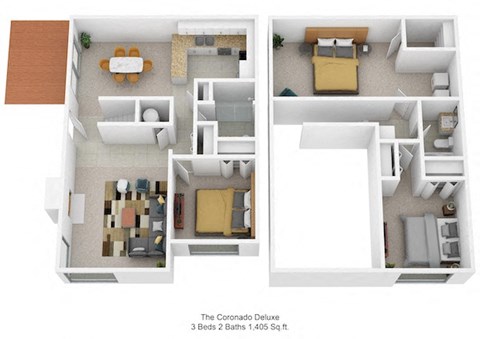 Floor plan for 3 beds, 2 baths, 1405 sqft